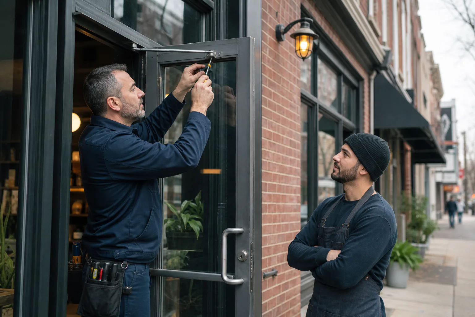 A locksmith working on a Philadelphia business door