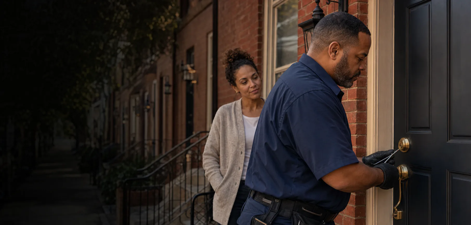 Professional locksmith assisting a homeowner at a Philadelphia brick rowhouse